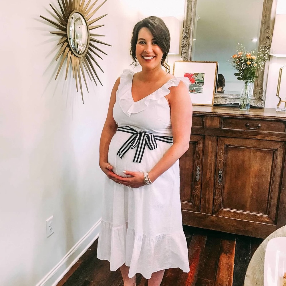 White Ruffle Dress with Navy Striped Belt
